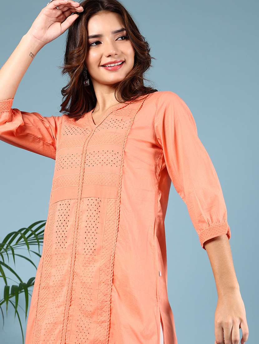 womenthree quarter sleeve straight schiffli kurta - 21784474 -  Standard Image - 2