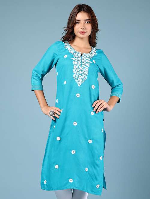 women blue three quarter sleeve straight kurta - 21784475 -  Standard Image - 0