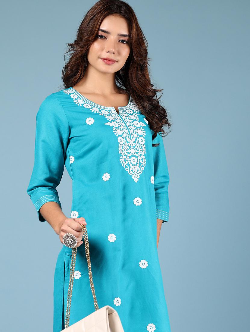 women blue three quarter sleeve straight kurta - 21784475 - Standard Image - 2