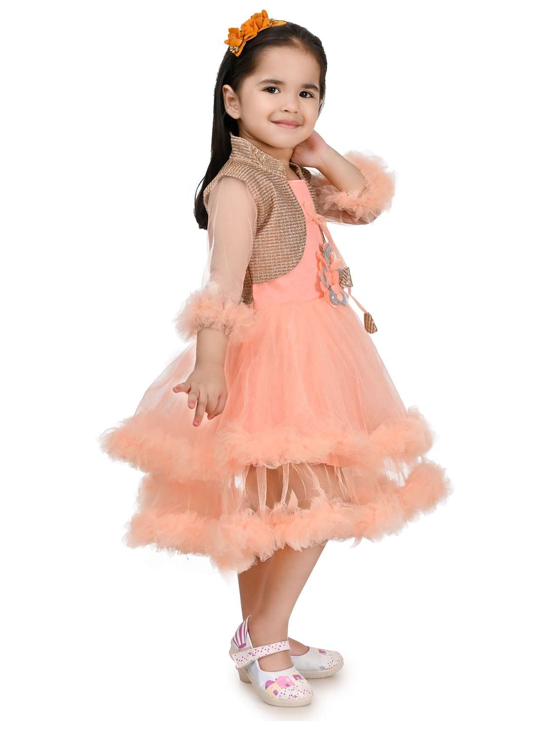 girls peach three quarter sleeve frock - 21784743 -  Standard Image - 2