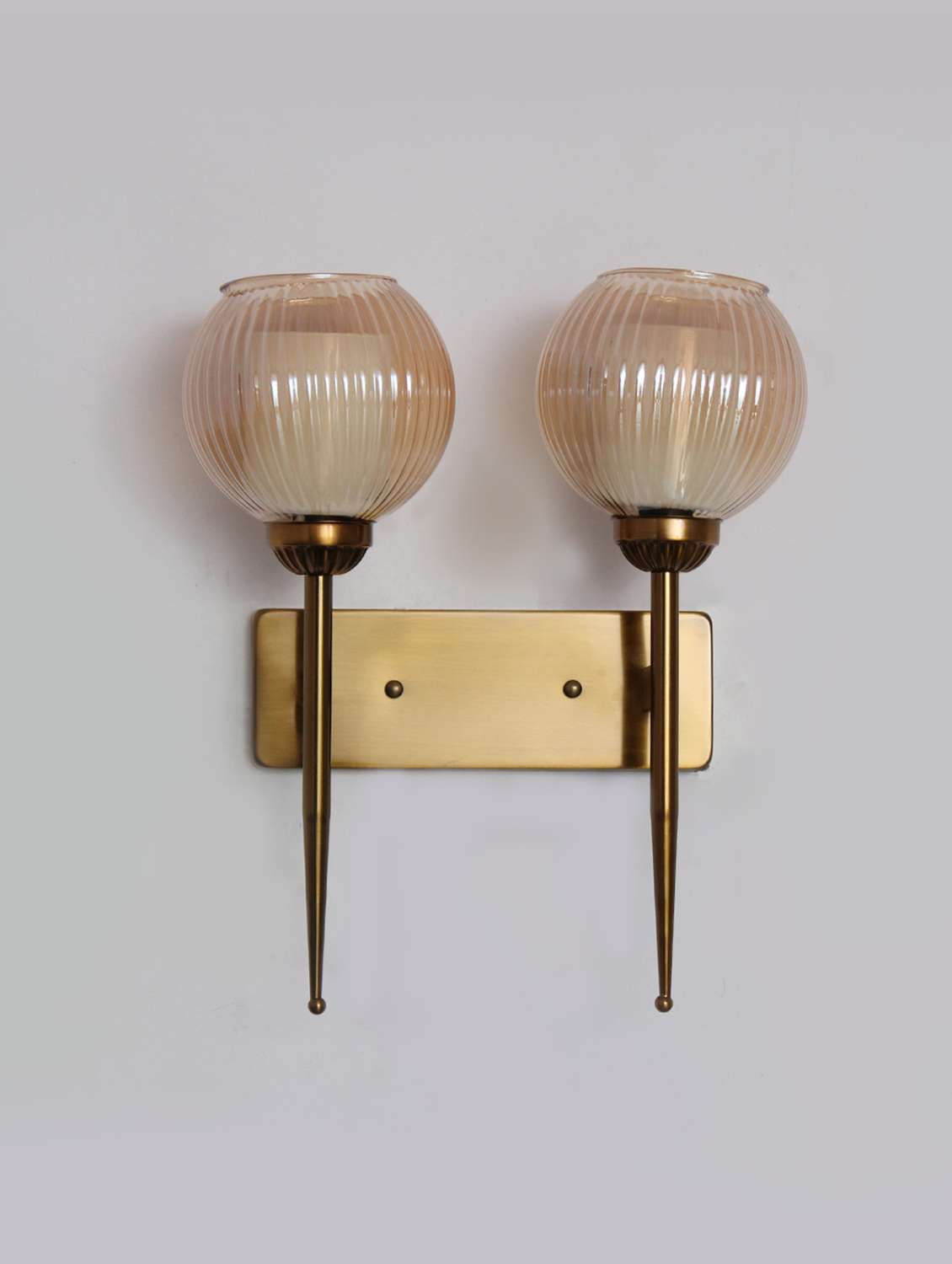 antique finish double arm wall light with dual ribbed glass