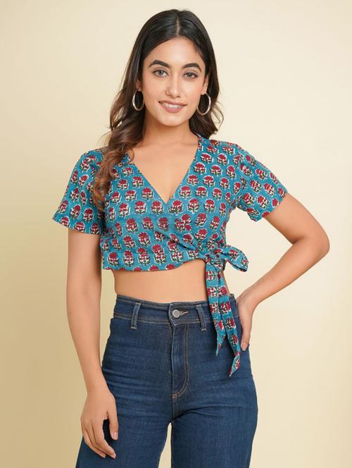 women printed short sleeves crop wrap top - 21784870 - Standard Image - 0