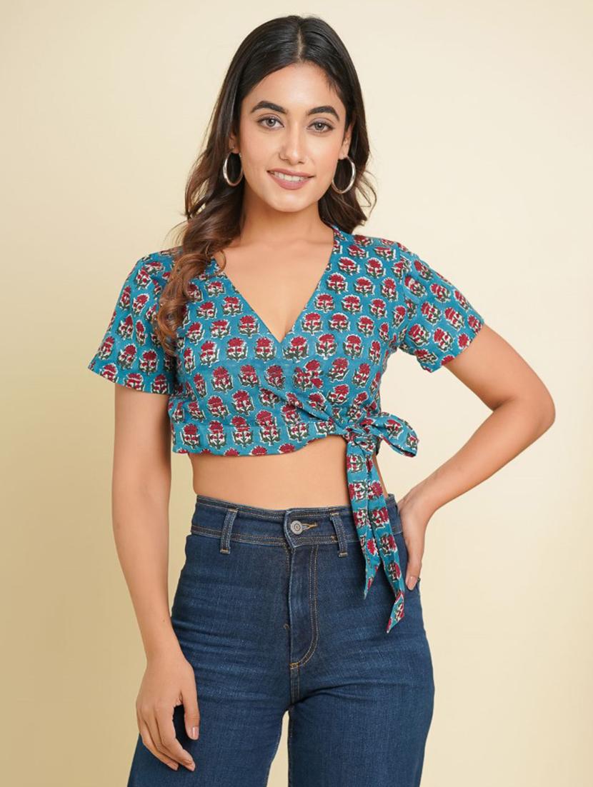women printed short sleeves crop wrap top - 21784870 - Zoom Image - 0
