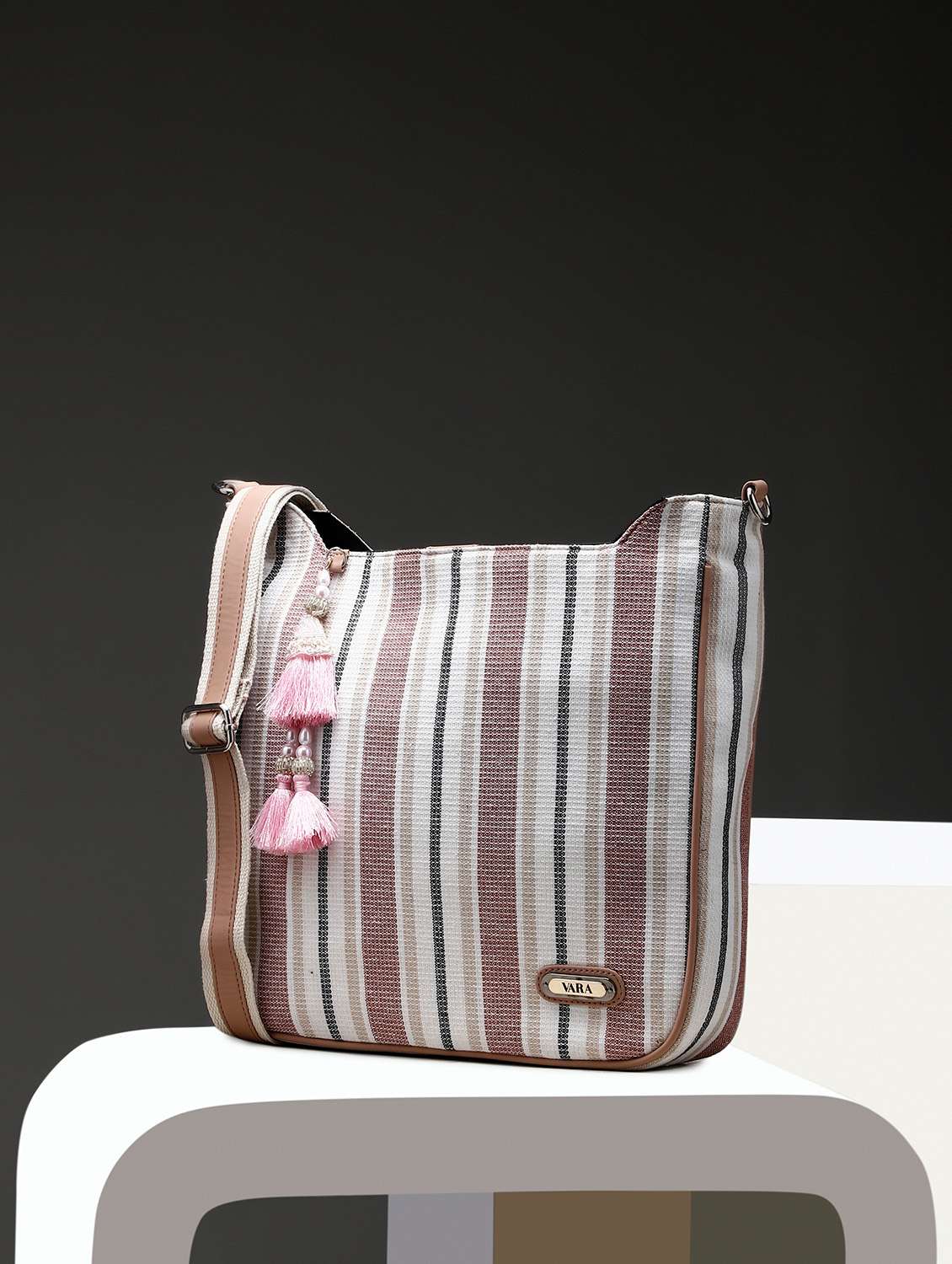 women pink striped tote bag