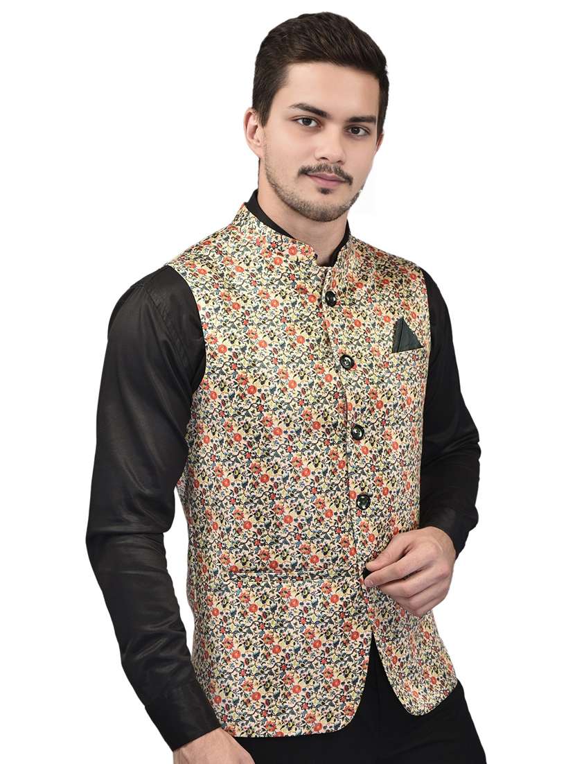 men printed mandarin neck sleeveless nehru jacket - 21785246 -  Standard Image - 2