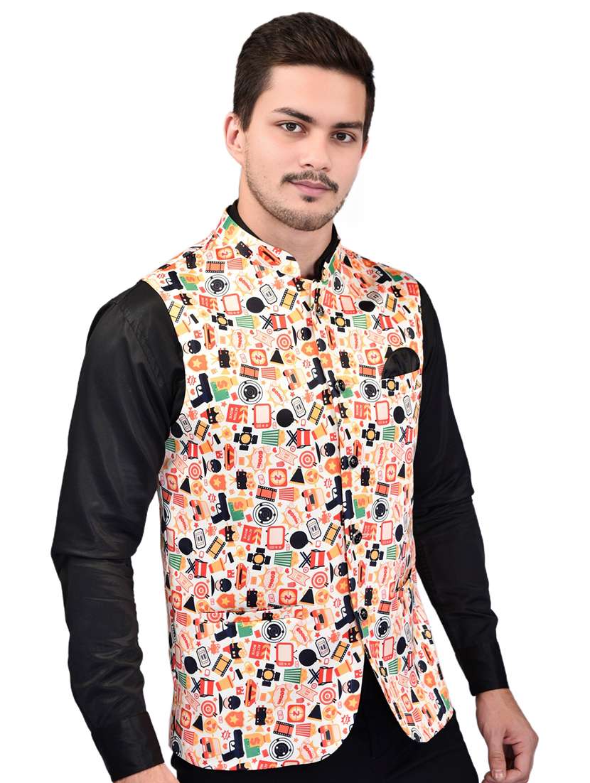 men printed mandarin neck sleeveless nehru jacket - 21785249 -  Standard Image - 2