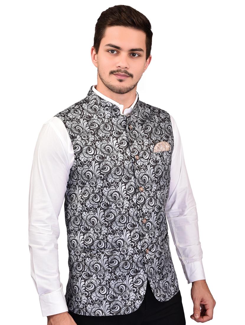 men printed mandarin neck sleeveless nehru jacket - 21785270 - Standard Image - 2