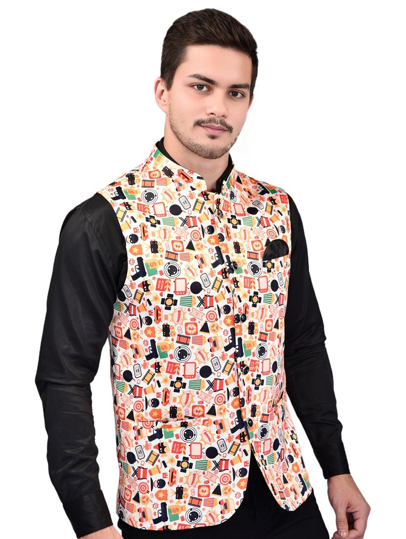 men printed mandarin neck sleeveless nehru jacket - 21785282 - Standard Image - 2