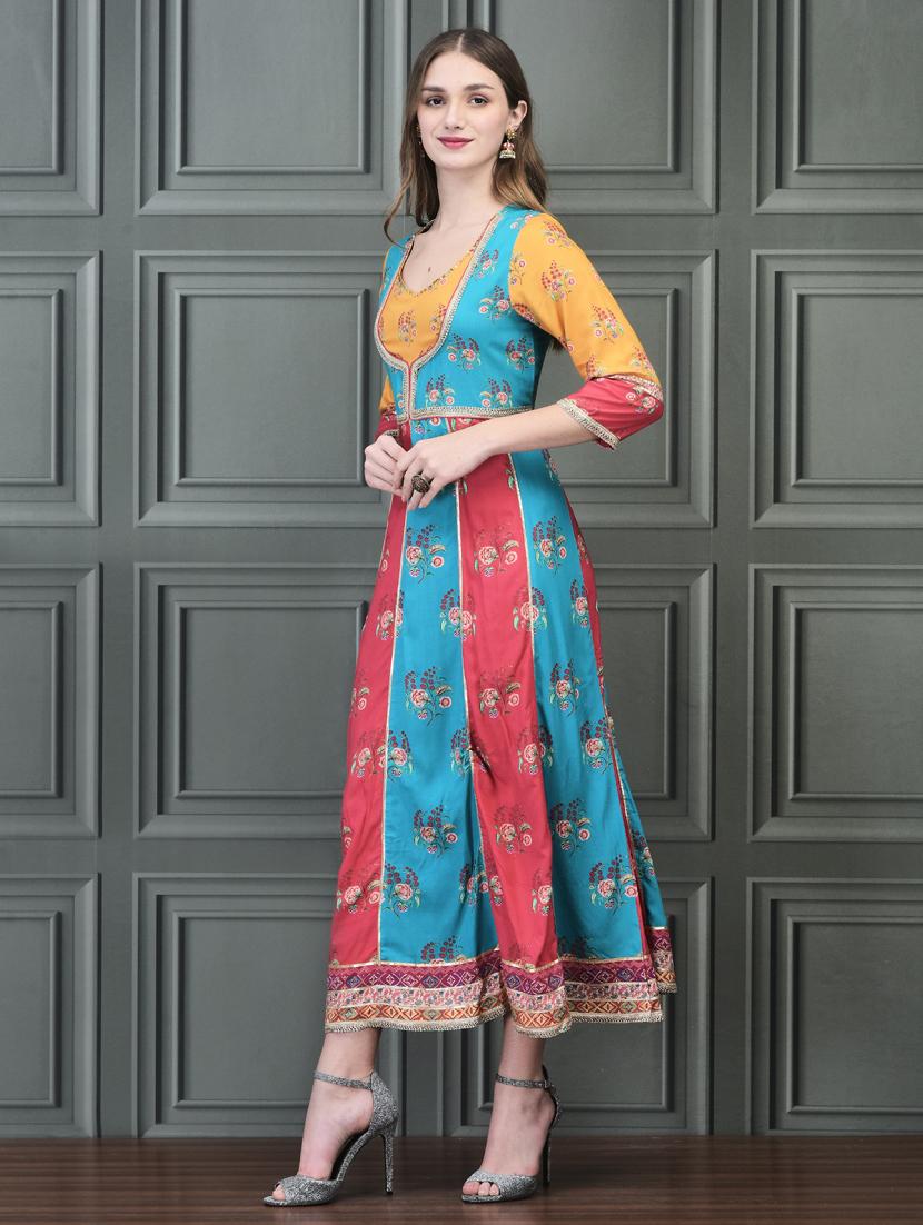 women printed three quarter sleeve ethnic dress - 21785469 - Standard Image - 2