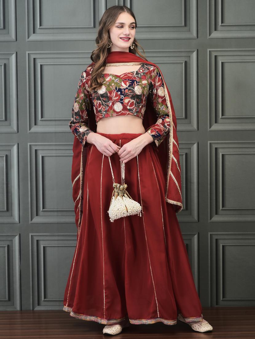 women maroon printed flared stitched lehenga - 21785493 - Zoom Image - 0
