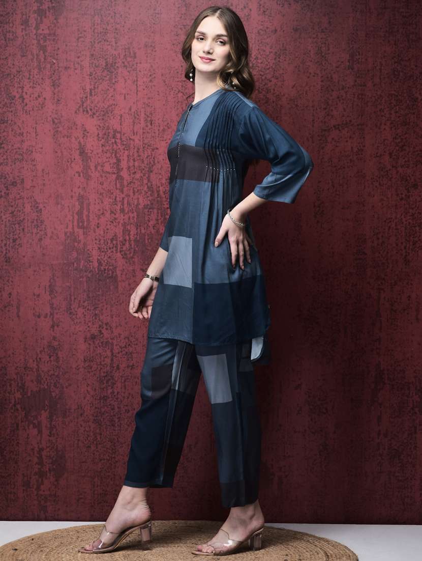women navy blue three quarter sleeve kurta pant set - 21785499 -  Standard Image - 2