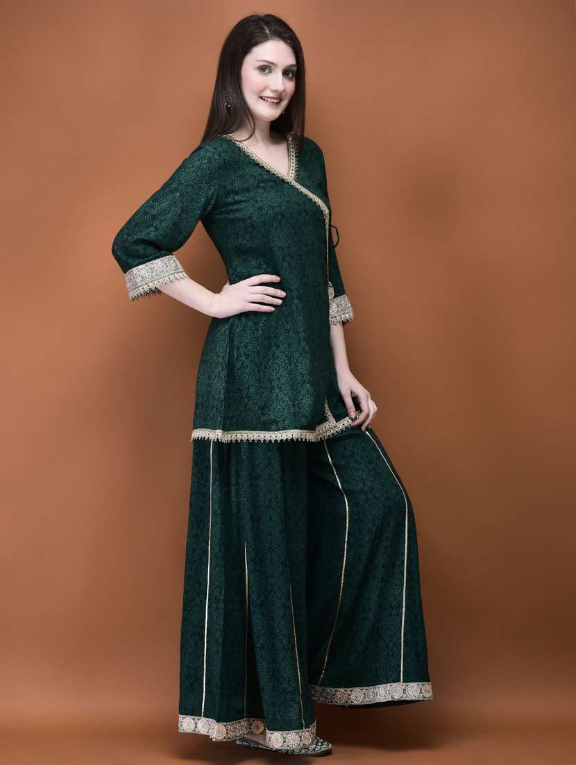 women bottle green printed kurta palazzo set - 21785500 - Standard Image - 2