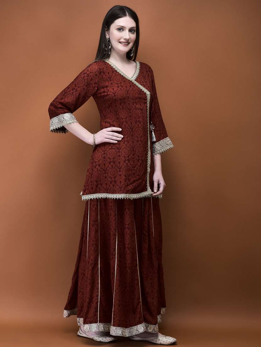 women brown printed kurta palazzo set - 21785501 - Standard Image - 2
