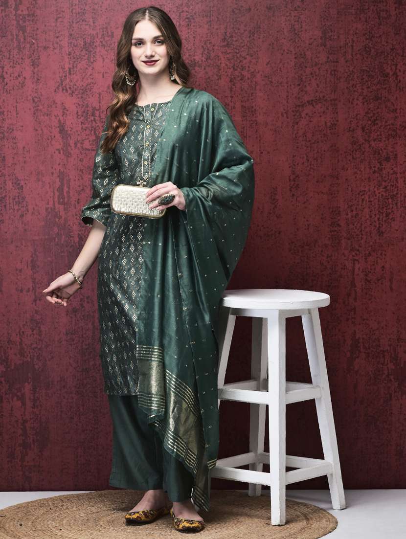 women three quarter sleeve kurta palazzo with dupatta set