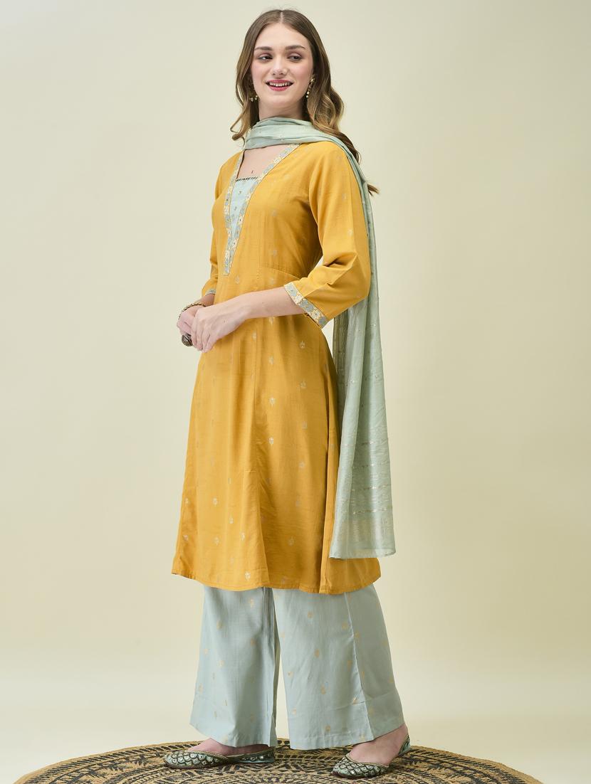 women three quarter sleeve kurta palazzo with dupatta set - 21785518 - Standard Image - 2