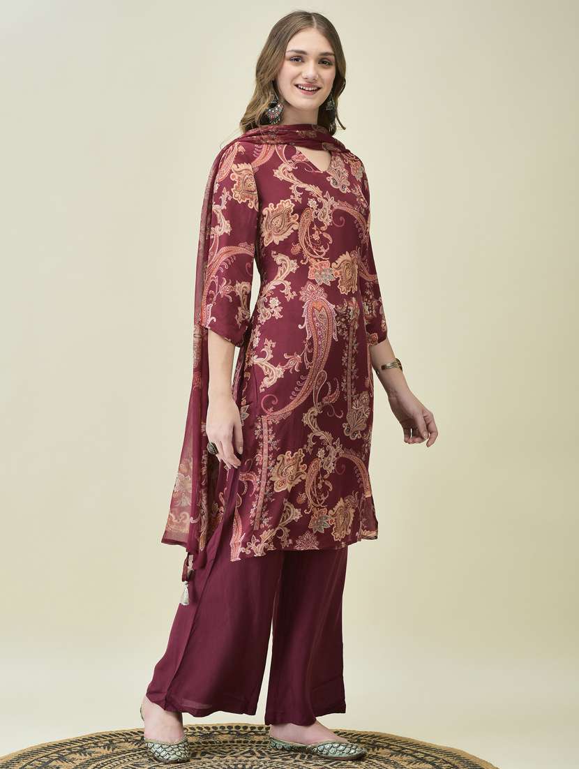 women three quarter sleeve kurta palazzo with dupatta set - 21785522 -  Standard Image - 2