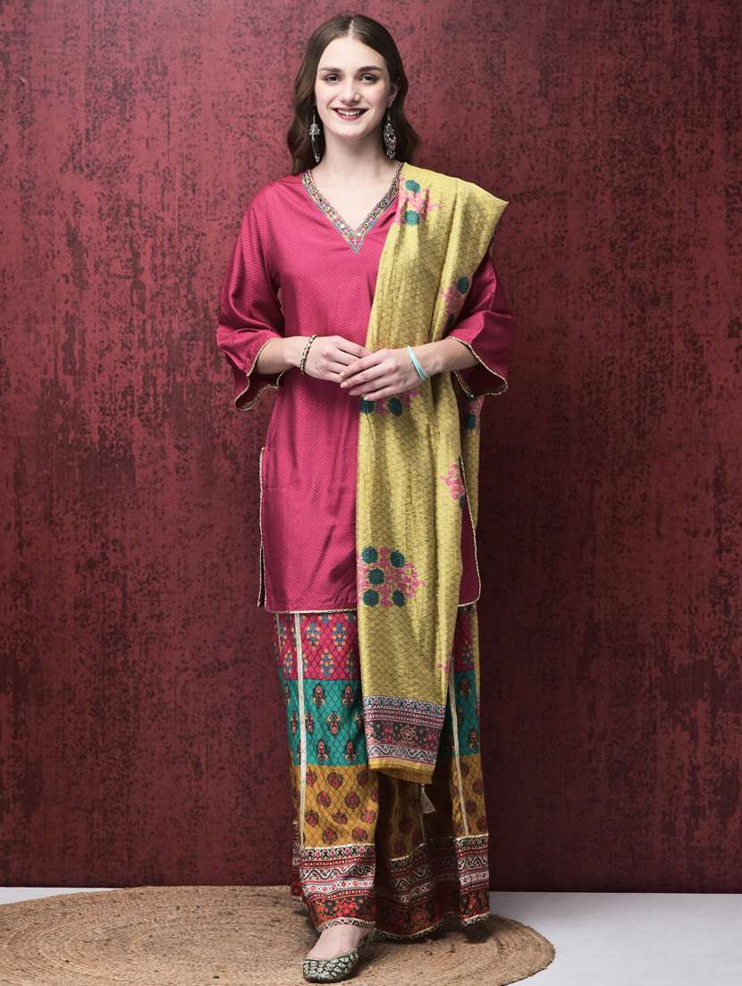 women three quarter sleeve kurta palazzo with dupatta set