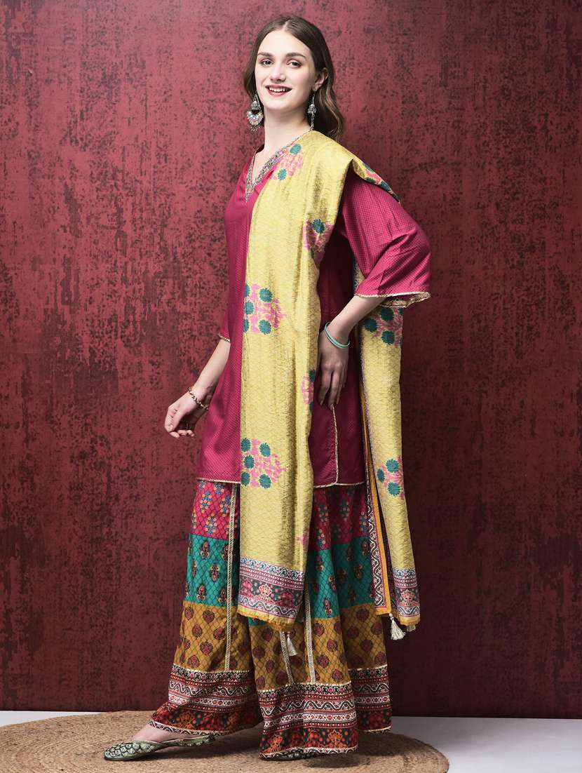 women three quarter sleeve kurta palazzo with dupatta set - 21785524 - Standard Image - 2