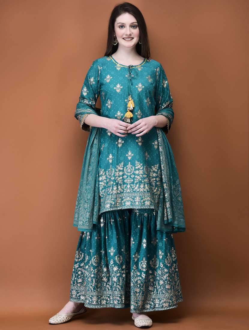women three quarter sleeve kurta sharara with dupatta set