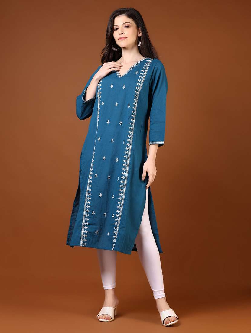 women embroidered three quarter sleeve a-line kurta - 21785550 - Zoom Image - 0