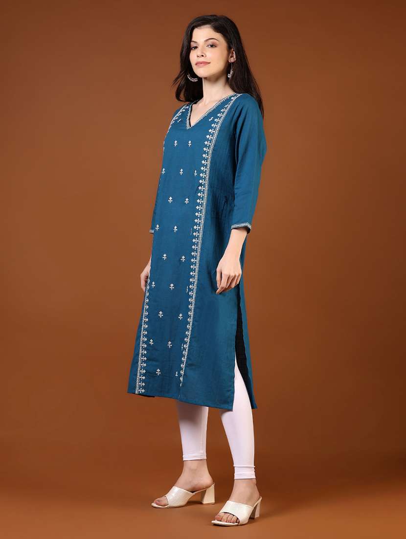 women embroidered three quarter sleeve a-line kurta - 21785550 - Standard Image - 2