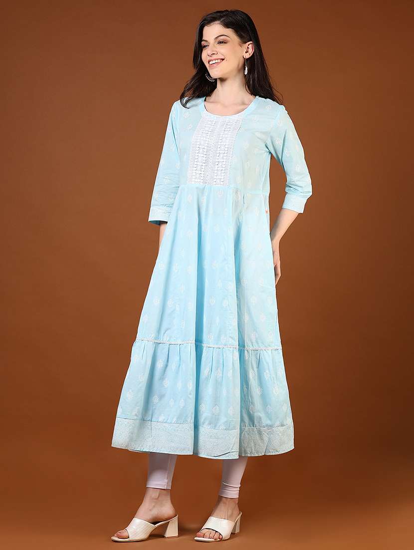 women embroidered three quarter sleeve tiered kurta - 21785552 -  Standard Image - 2