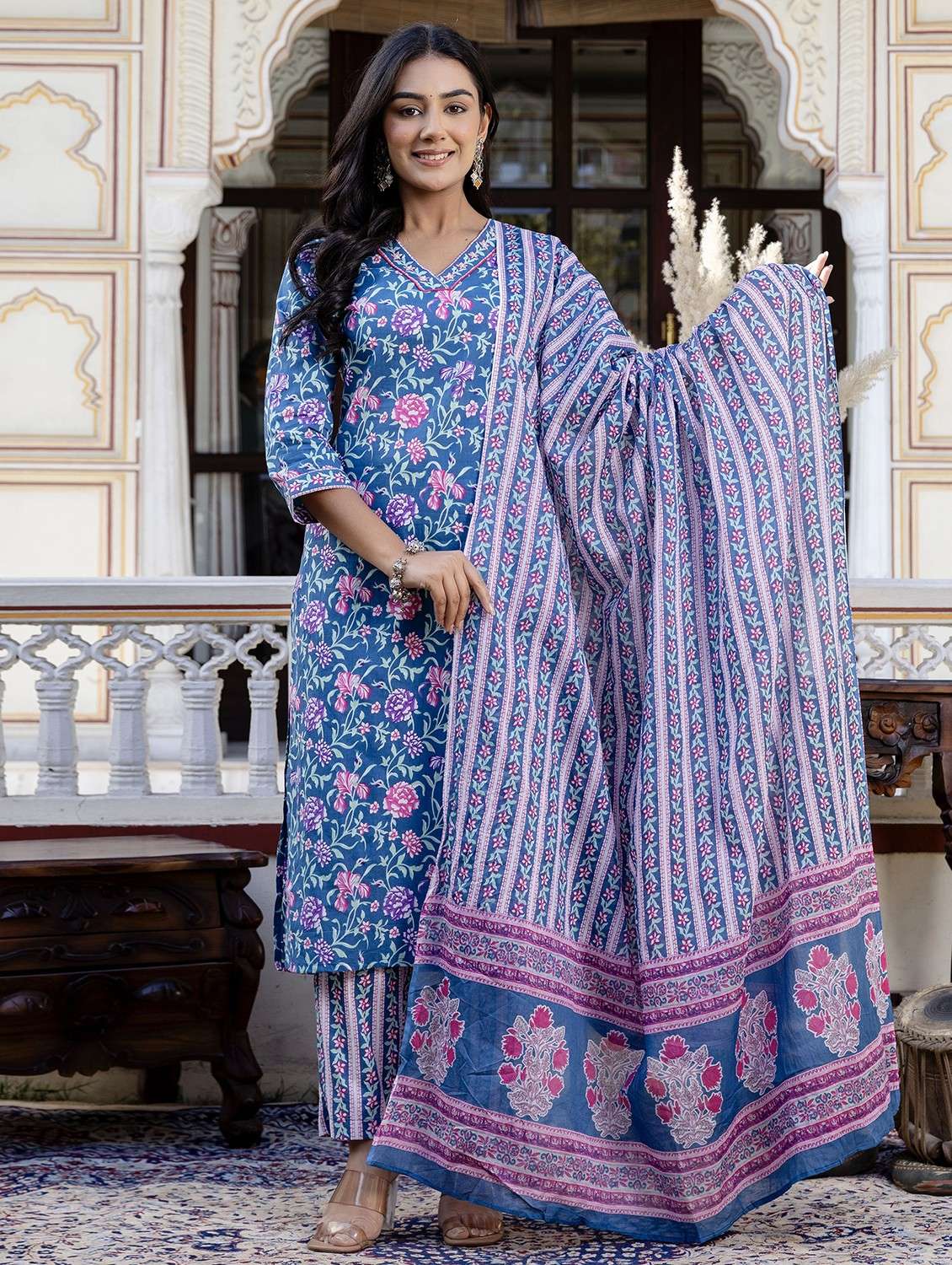 women three quarter sleeve kurta pant with dupatta set