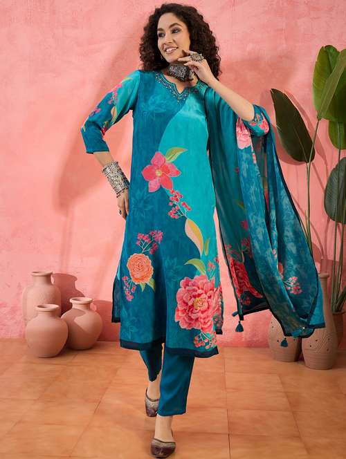 women three quarter sleeve kurta pant with dupatta set