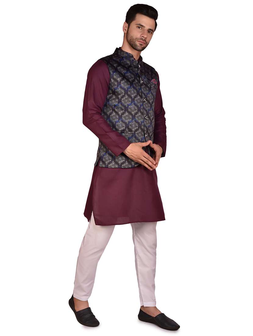 men solid mandarin neck kurta pyjama set with jacket - 21785988 - Standard Image - 2