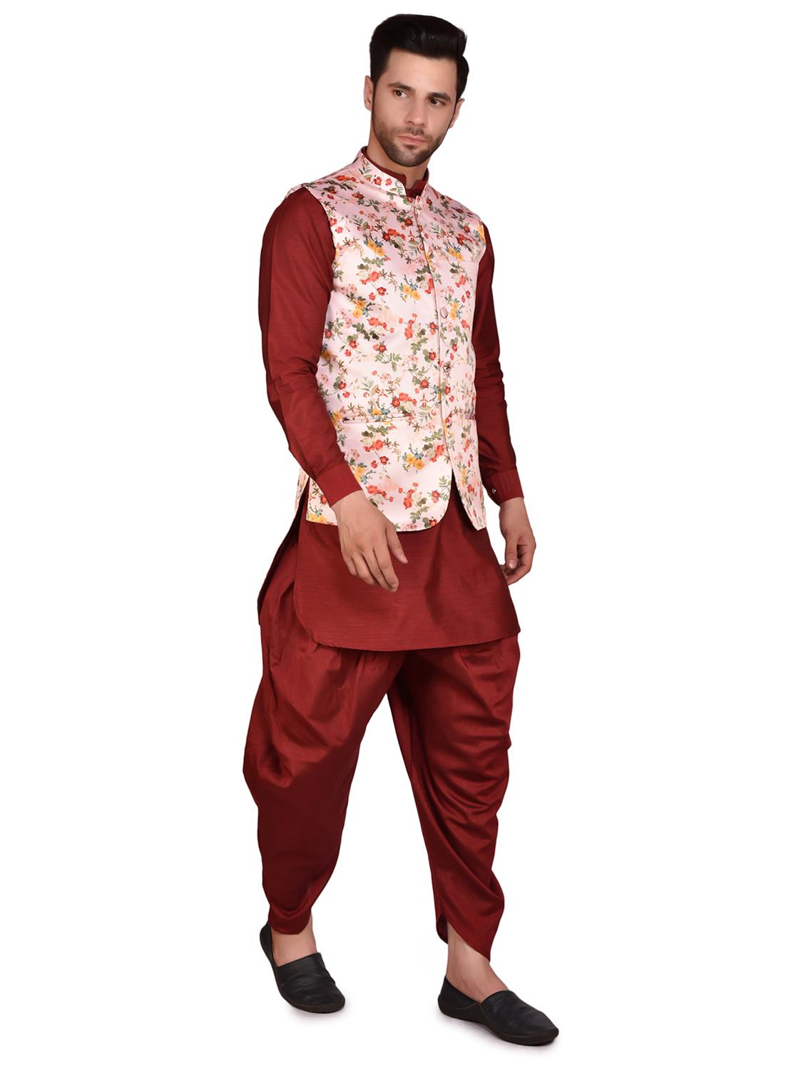 men solid mandarin neck dhoti kurta ethnic jacket set - 21786112 - Standard Image - 2