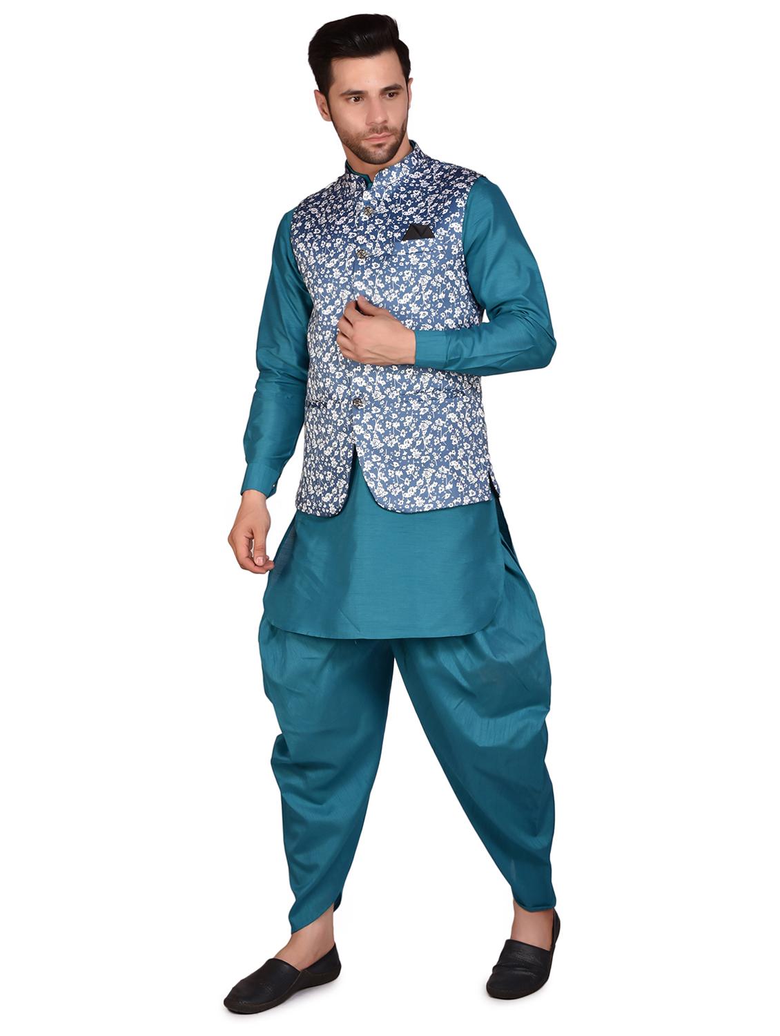 men solid mandarin neck dhoti kurta ethnic jacket set - 21786114 - Standard Image - 2