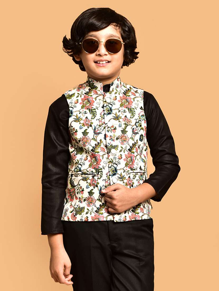 boys floral printed mandarin neck nehru jacket