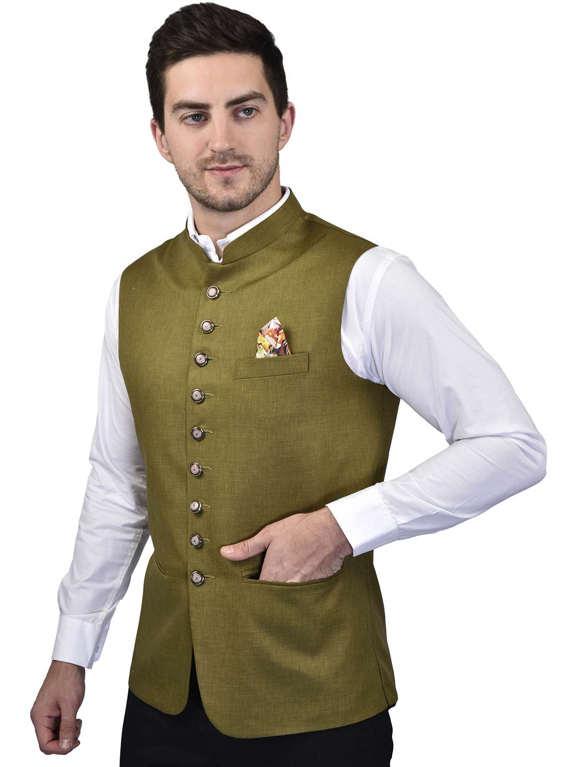 men solid mandarin neck regular fit nehru jacket - 21786281 -  Standard Image - 2