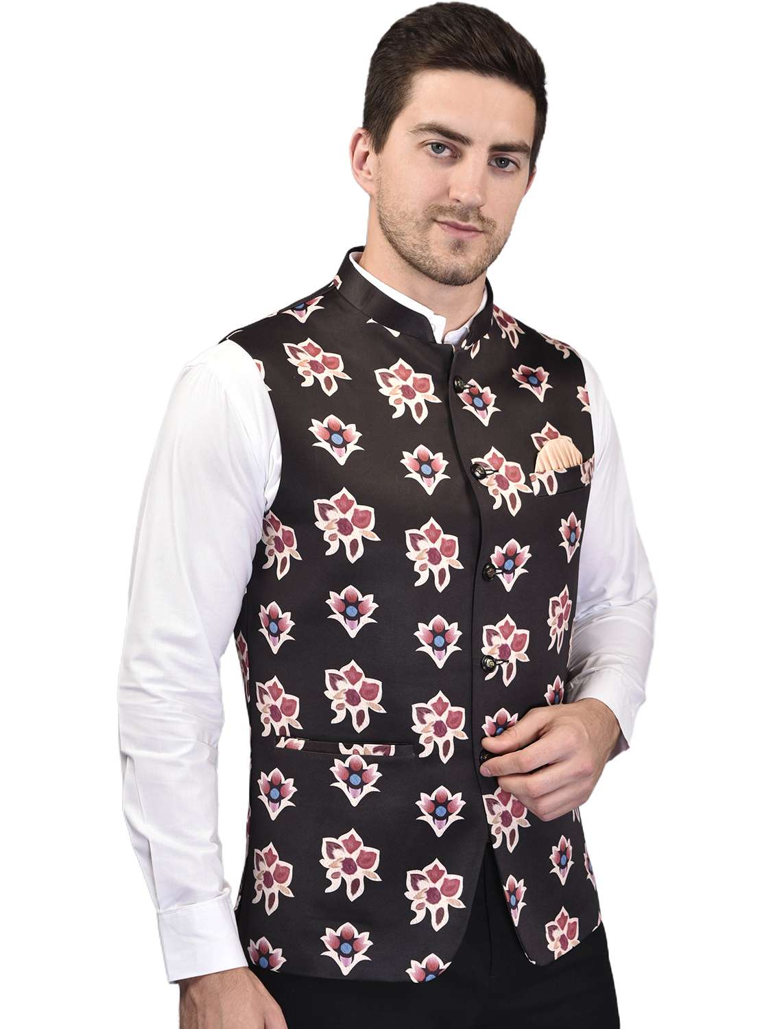 men printed mandarin neck nehru jacket