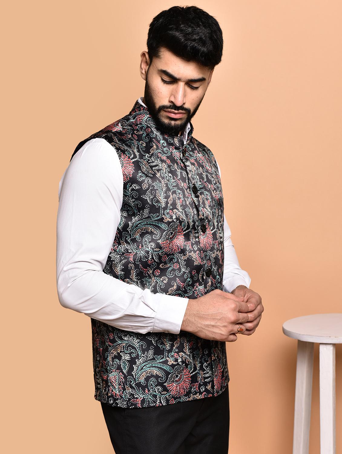 men printed mandarin neck nehru jacket - 21786303 - Standard Image - 2