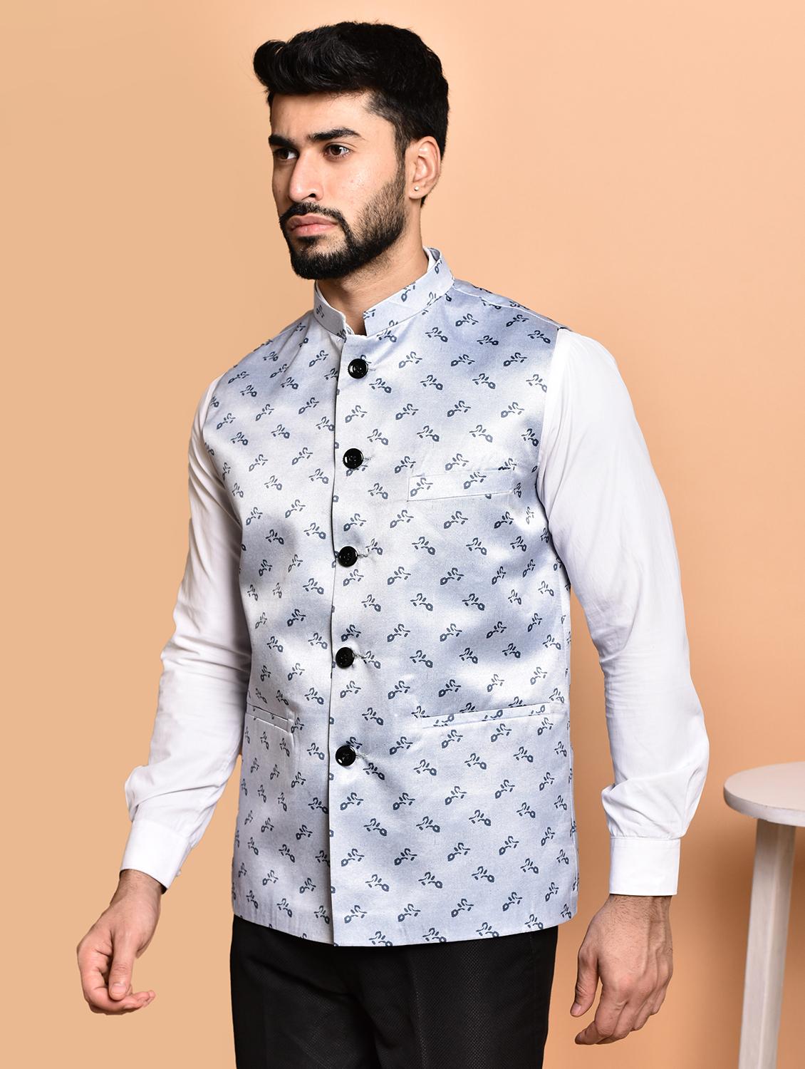 men printed mandarin neck nehru jacket - 21786307 - Standard Image - 2