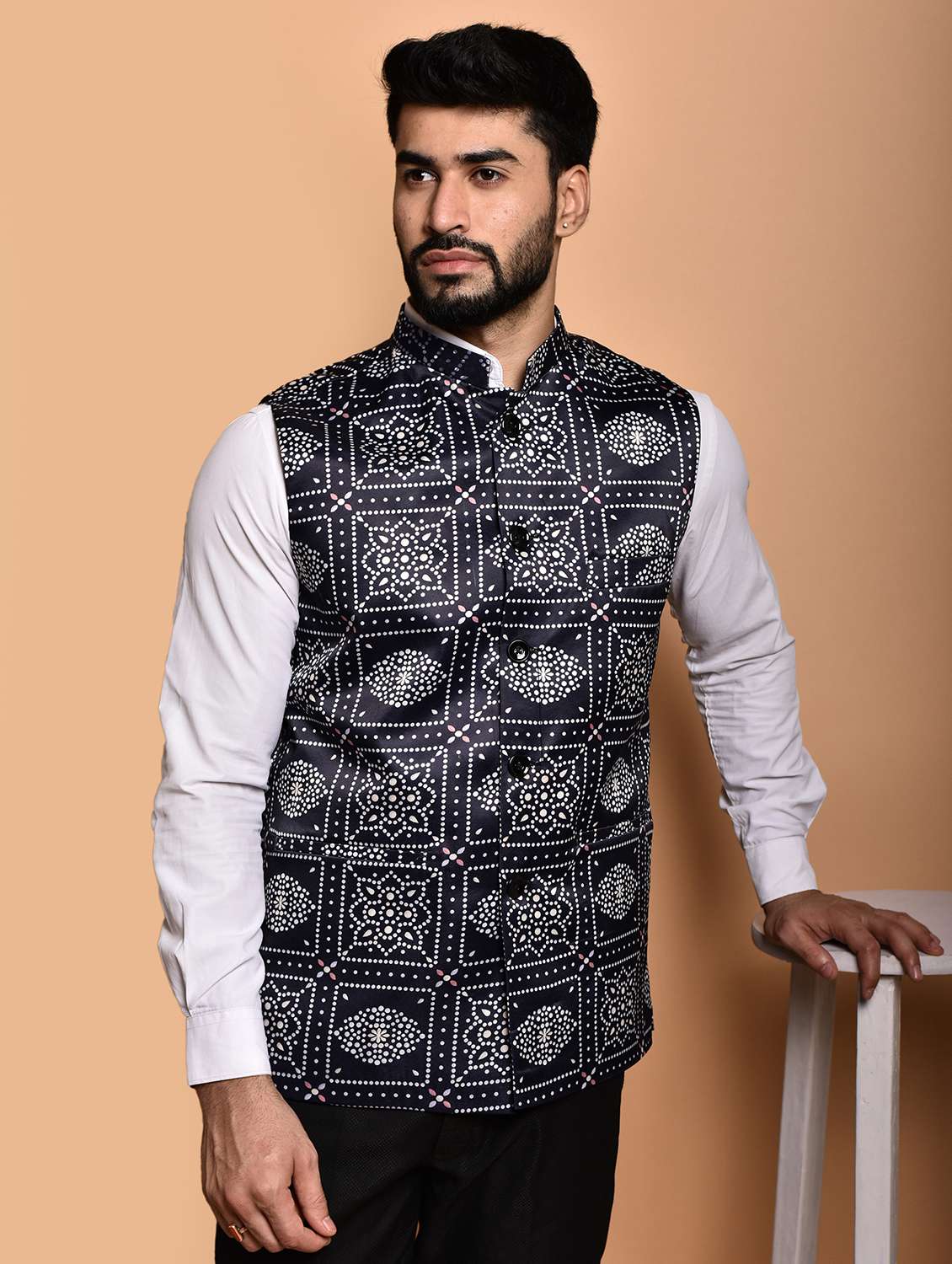 men mandarin neck printed nehru jacket - 21786311 -  Zoom Image - 0