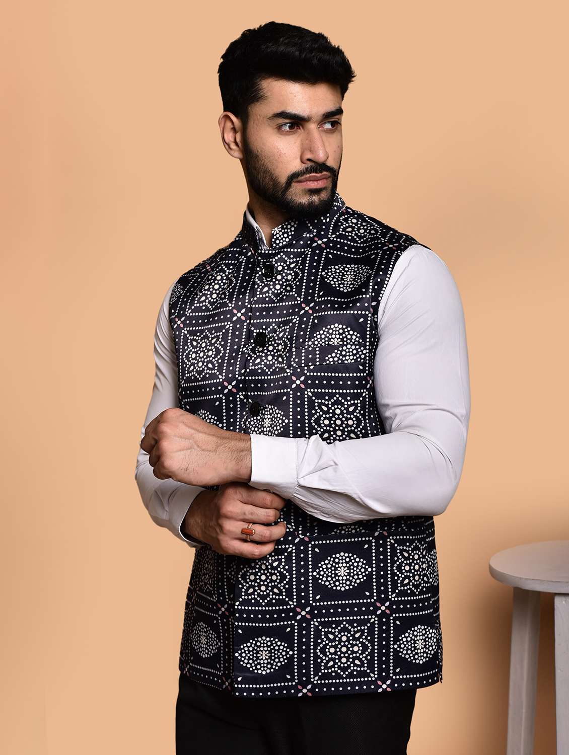 men mandarin neck printed nehru jacket - 21786311 - Standard Image - 2