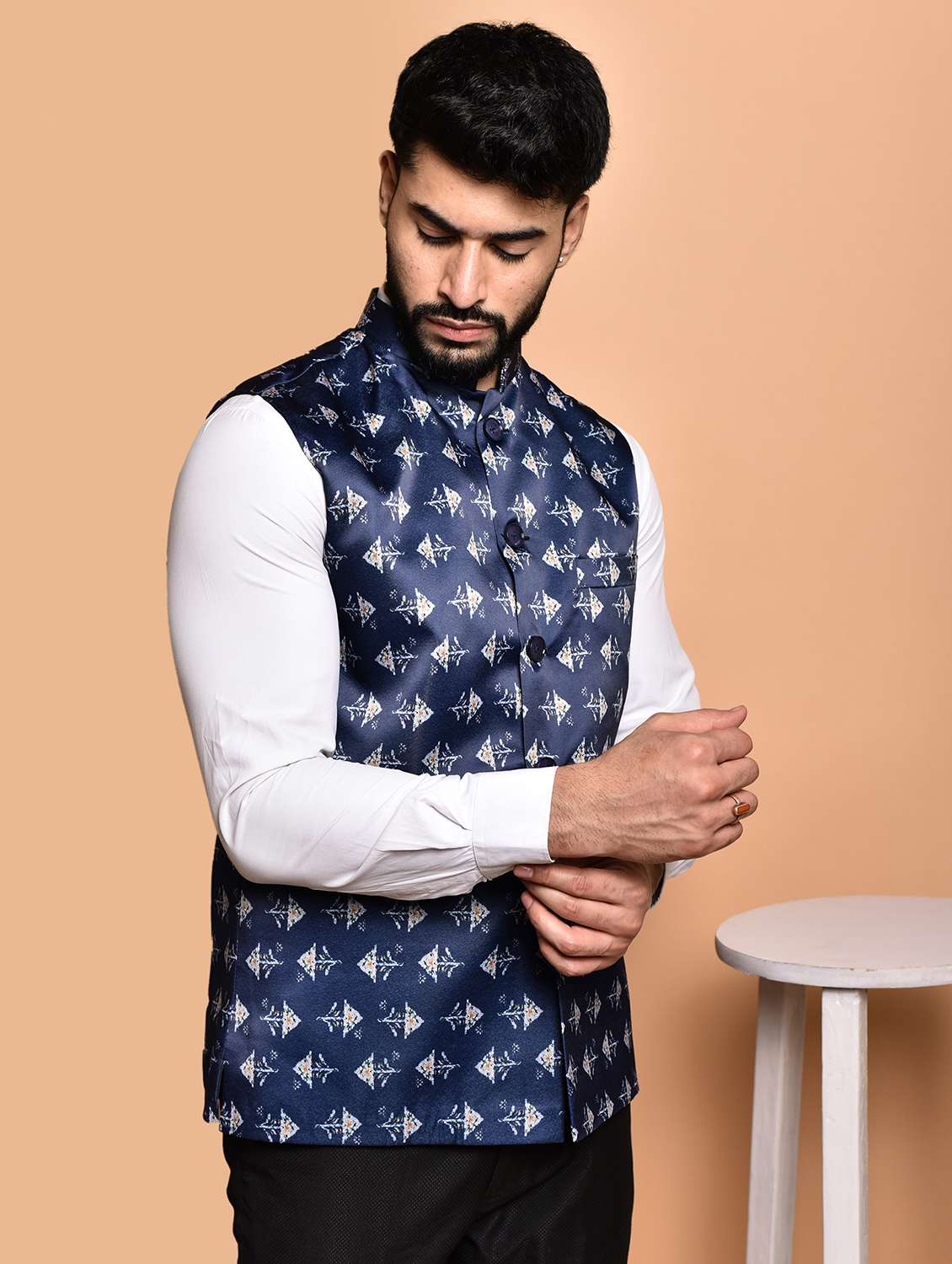 men printed mandarin neck nehru jacket - 21786312 - Standard Image - 2