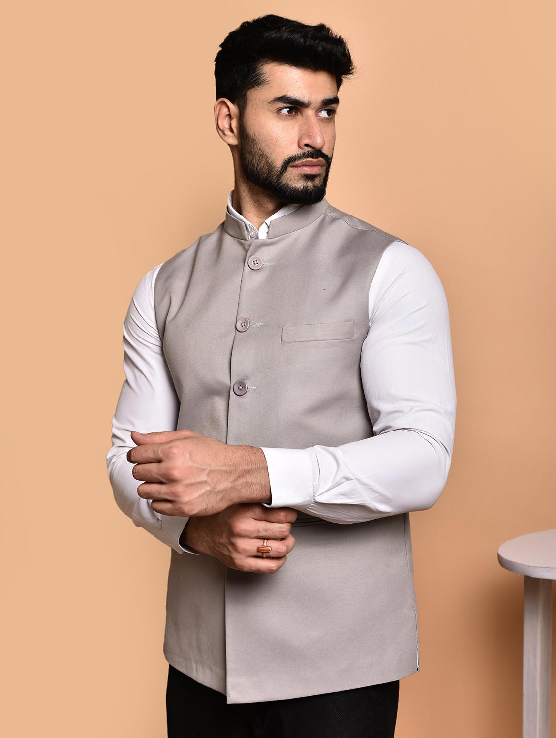 men solid mandarin neck regular fit nehru jacket - 21786319 - Standard Image - 2