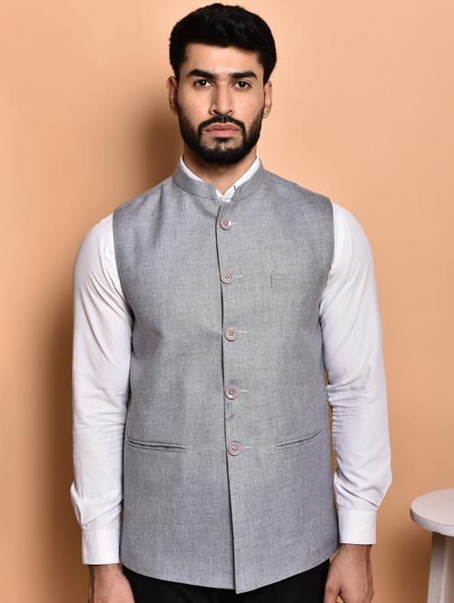 men solid mandarin neck regular fit nehru jacket - 21786320 -  Standard Image - 0