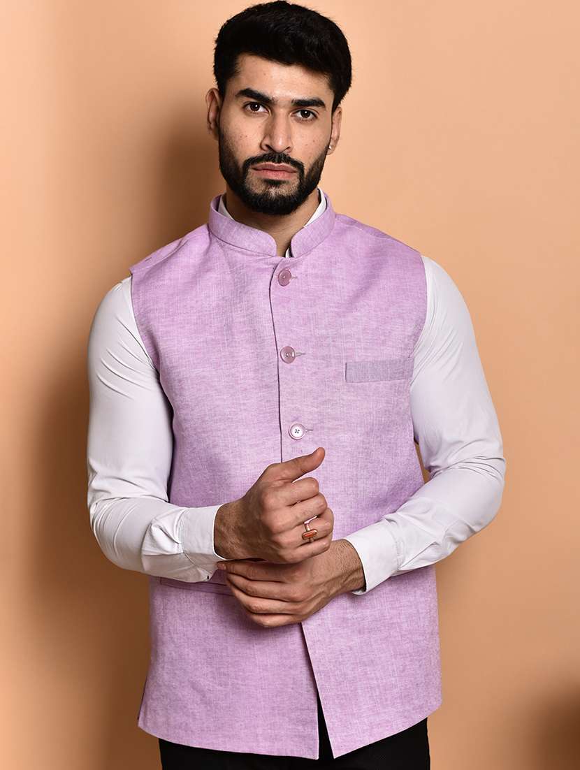 men solid mandarin neck regular fit nehru jacket - 21786323 -  Standard Image - 2