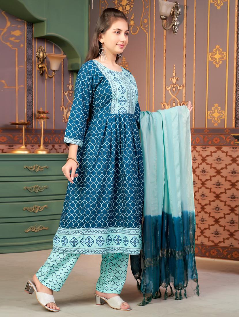 girls three quarter sleeve kurta pant with dupatta set - 21786434 - Standard Image - 2