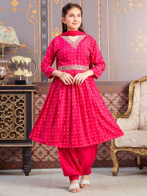 girls three quarter sleeve kurta salwar with dupatta set - 21786445 -  Standard Image - 0