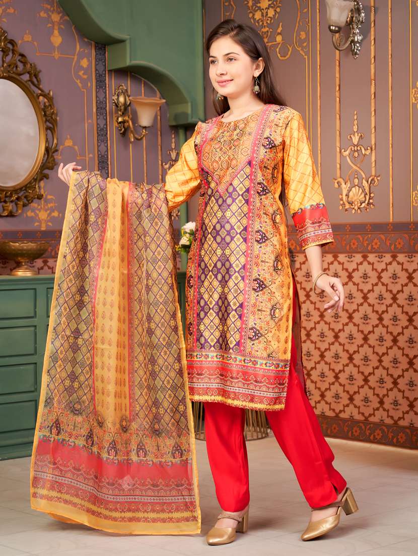 girls printed kurta and pant with dupatta - 21786475 -  Standard Image - 2