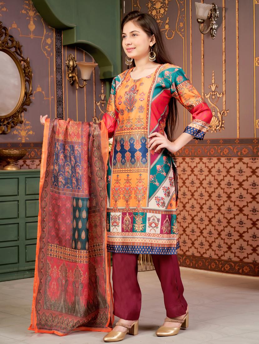 girls printed kurta and pant with dupatta - 21786478 - Standard Image - 2