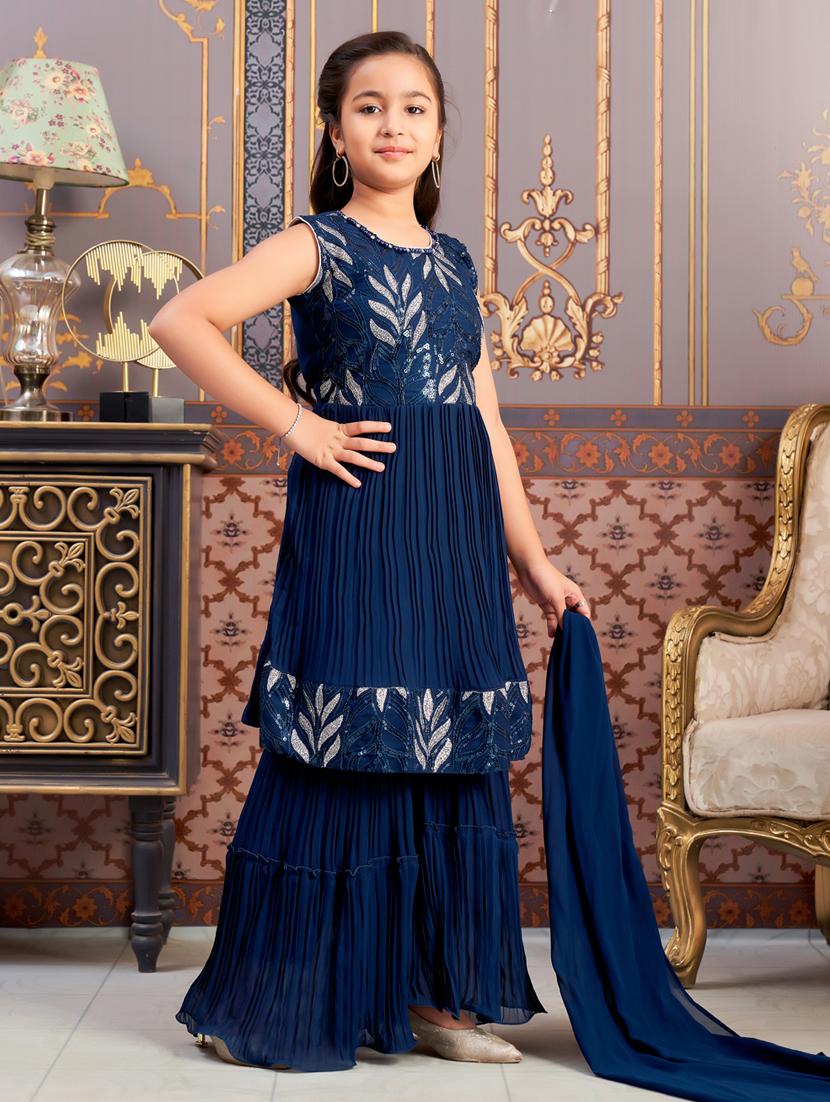girls sequined kurta and sharara with dupatta - 21786505 - Standard Image - 2