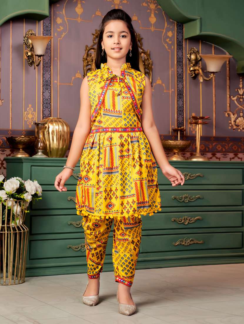 girls printed sleeveless kurta and dhoti set