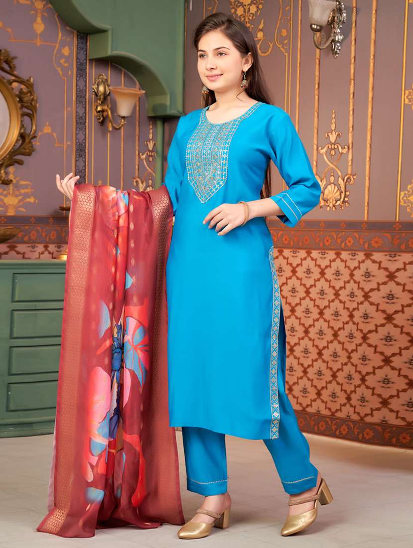 girls embellished kurta and pant with dupatta   - 21786524 -  Standard Image - 2
