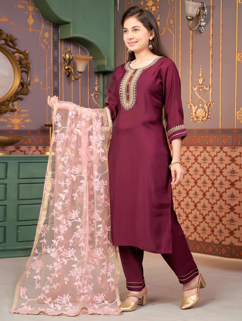 girls embroidered kurta and pant with dupatta - 21786528 - Standard Image - 2